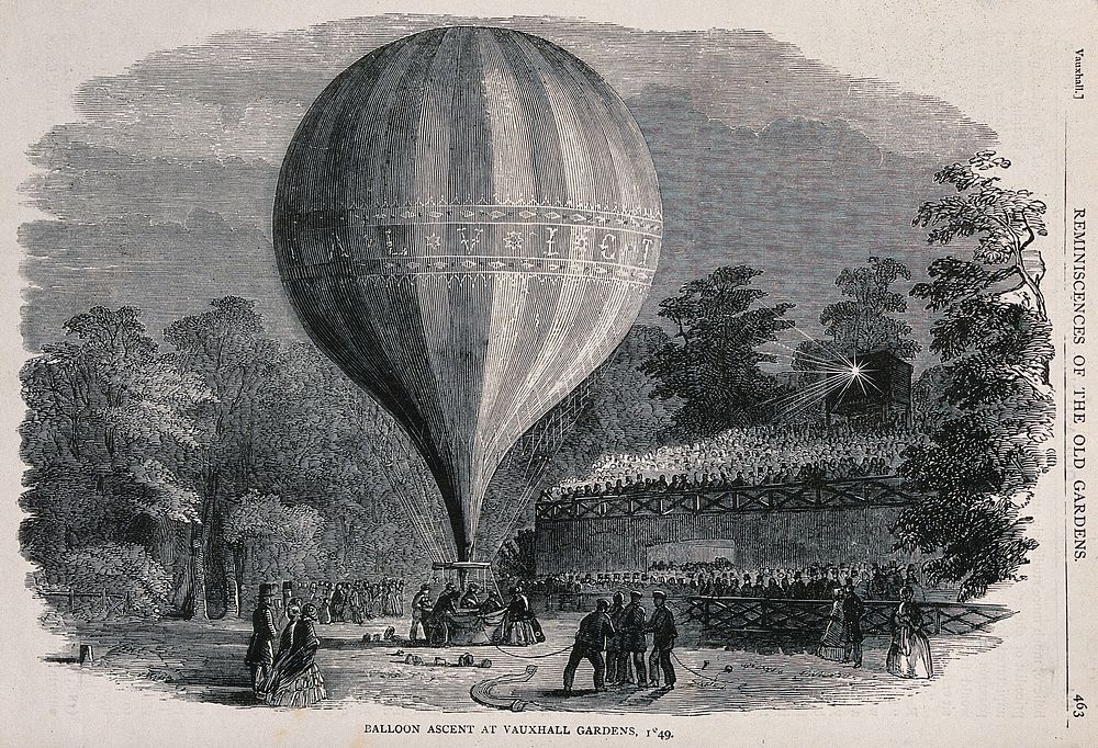 The balloon "Royal Victoria" being launched at night by Charles Green at Vauxhall Gardens, London, watched by crowds of…