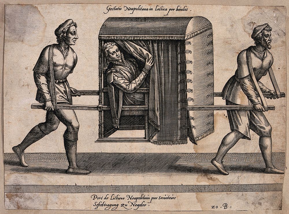 A woman in Naples is being carried in a sedan chair by two men. Engraving by R. Boissard.