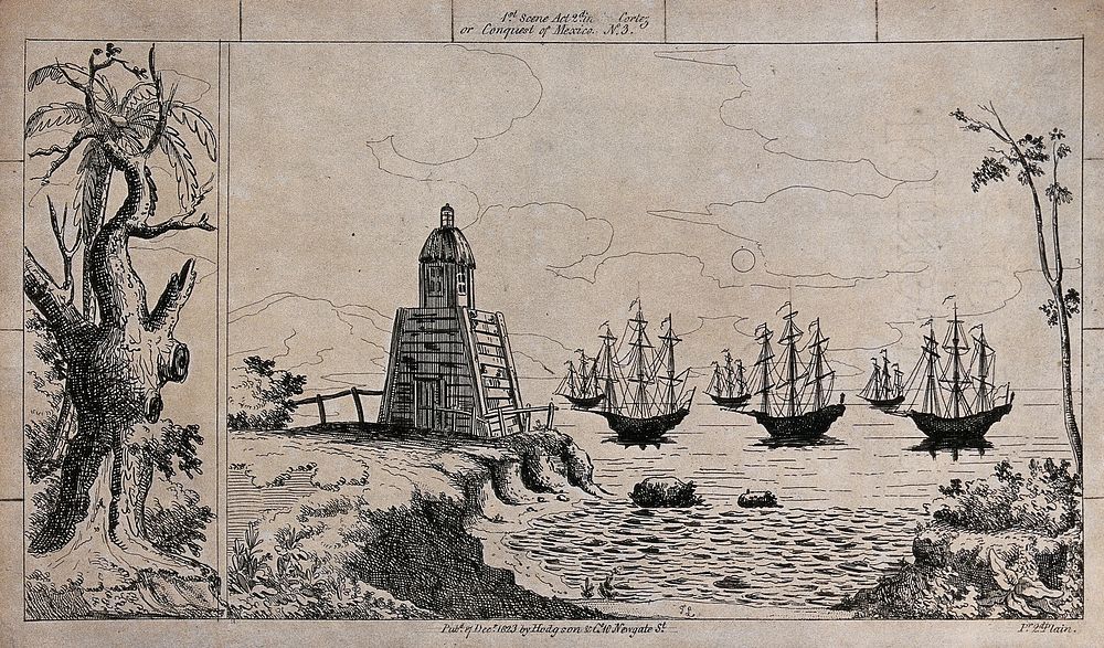 Scenery to be used in a toy theatre: ships sailing on the sea near a coast, with a wooden building and palm trees on it.…