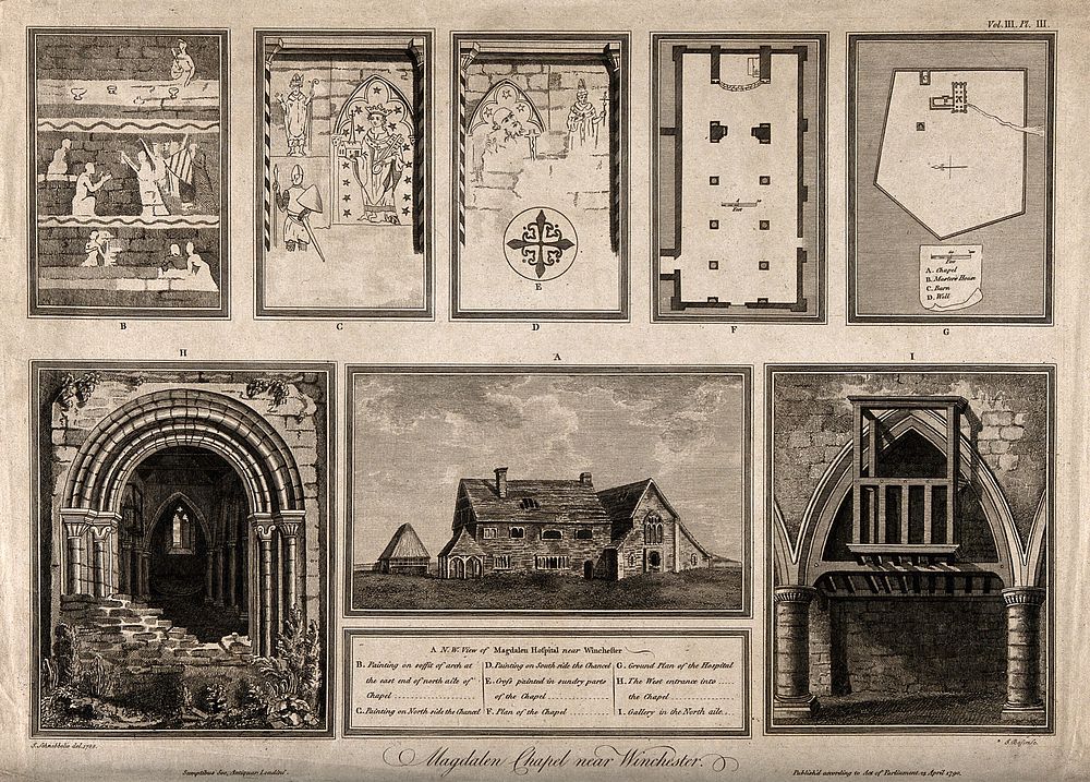 Magdalen Hospital and Chapel, Winchester, Hampshire: with design and architectural sketches. Engraving by J. Basire, 1790…