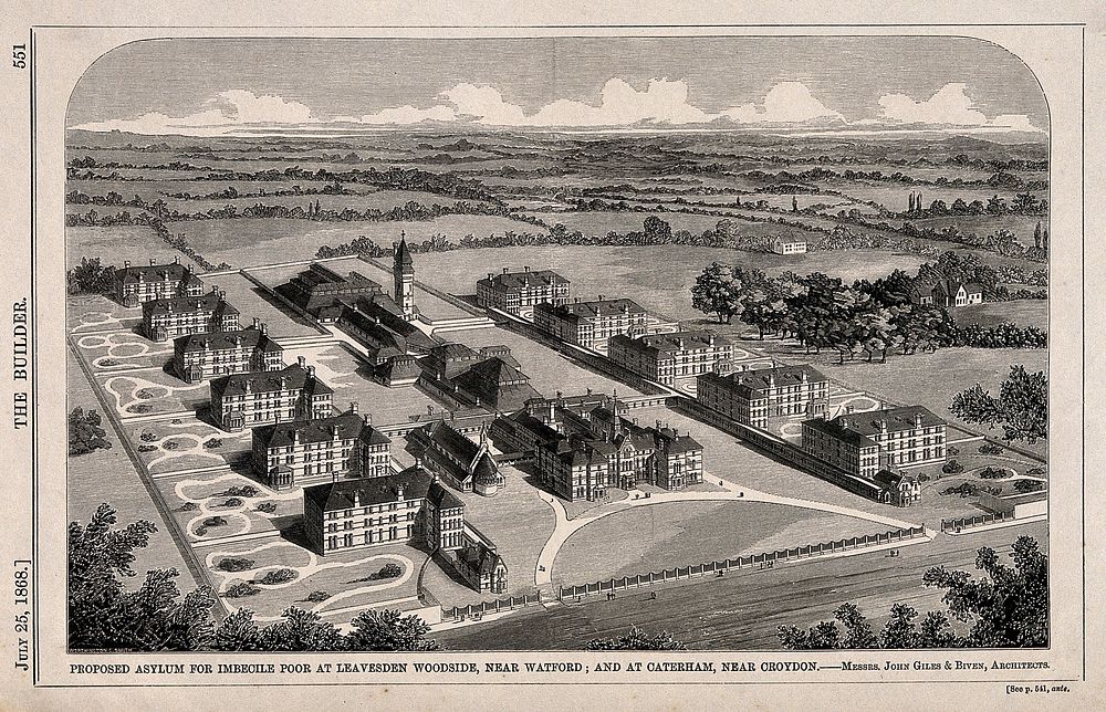 Asylum for Imbecile Poor, proposed for Leavesden Woodside, near Watford, and Caterham, Surrey: bird's eye view. Wood…