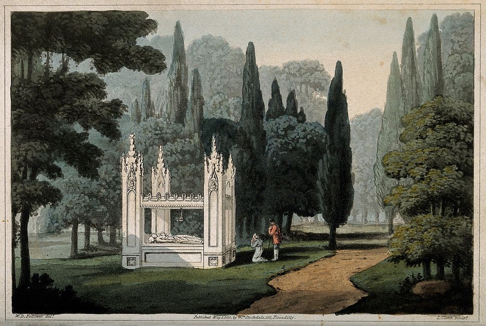 Abelard and Heloise: monument at the monastery of La Trappe, France. Coloured aquatint by J. Clark, 1818, after W.D.…
