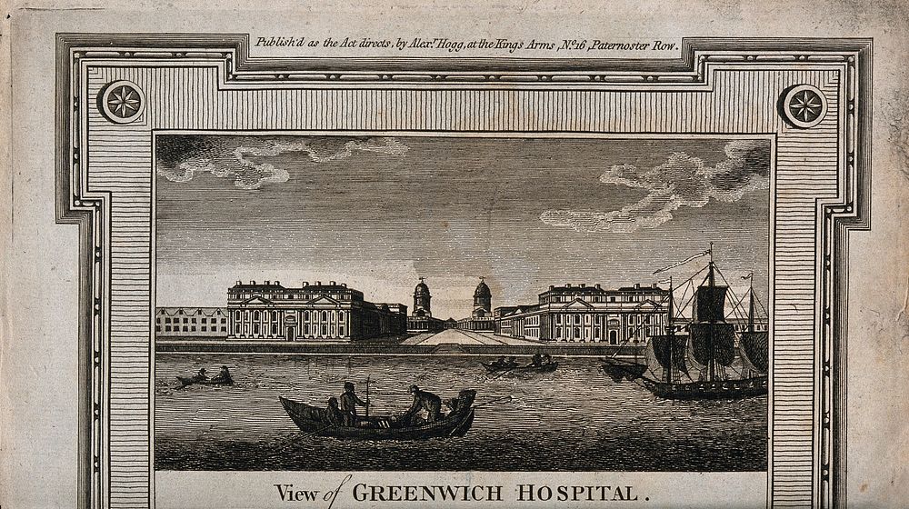 Royal Naval Hospital, Greenwich, with ships and rowing boats in the foreground. Engraving.