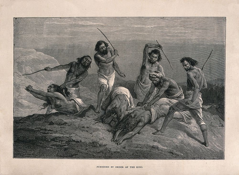 Five men beating three women with sticks in Ethiopia. Wood engraving by É. Bayard after G. Lejean, 1867.