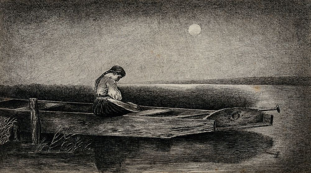 A woman seated on a flat boat on a marsh in the moonlight. Etching.