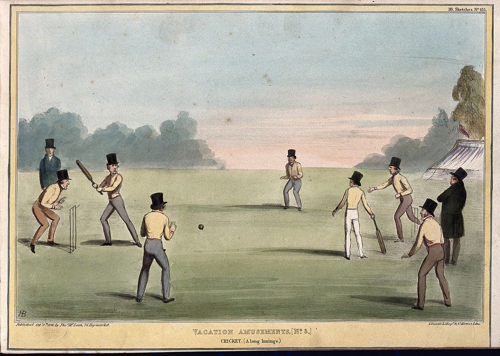 A game of cricket with Lord Morpeth and Lord John Russell as the two batsmen. Coloured lithograph by H.B. (John Doyle), 1840.