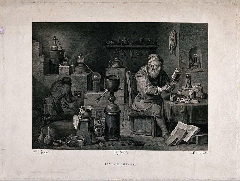 An alchemist seated at a table in his study; young man lighting a stove in the background. Engraving by J.L Perée after…
