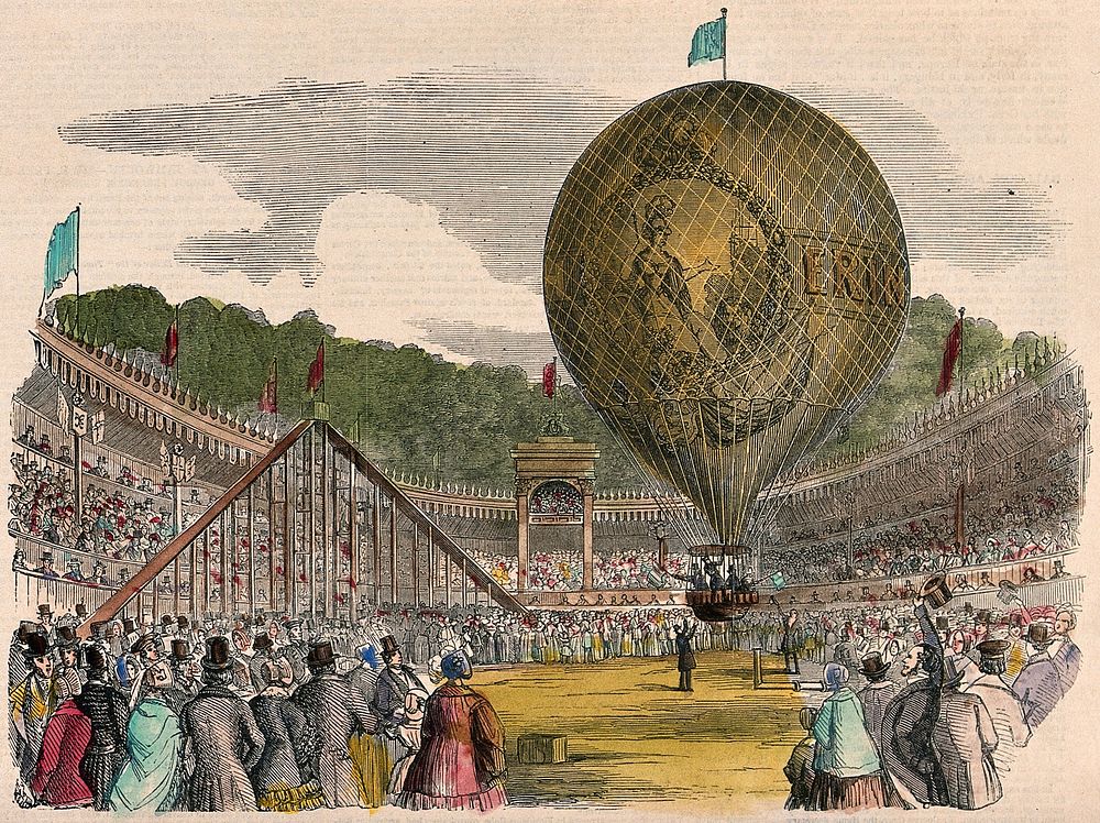Large crowds of people have gathered to watch a hot-air balloon take off. Coloured wood engraving.