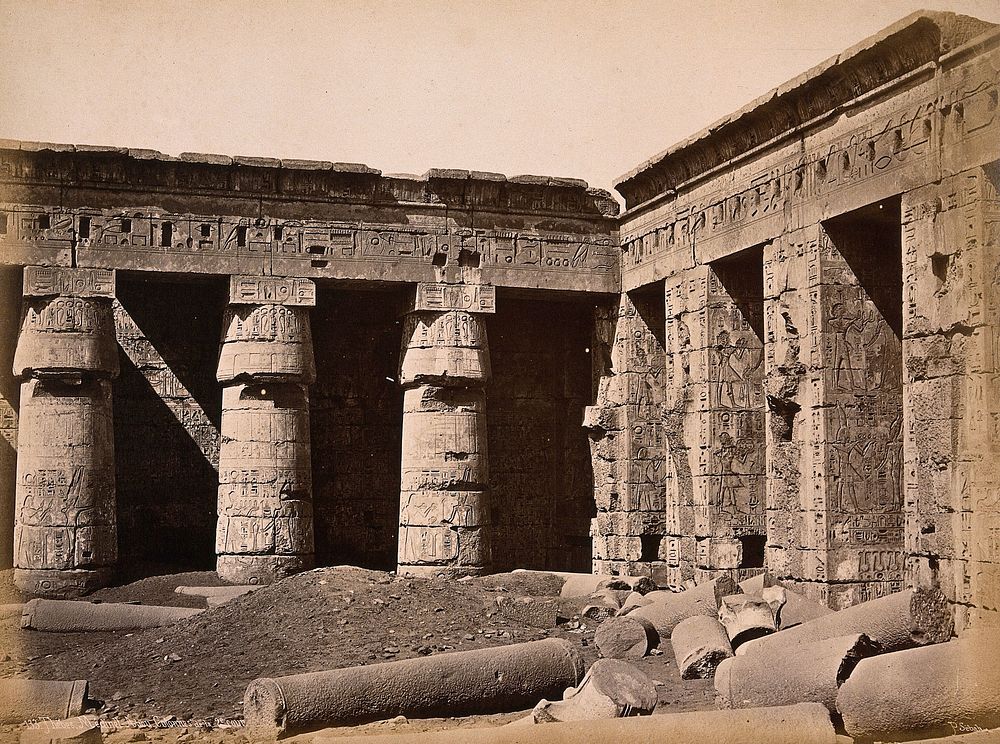 Luxor, Egypt: the Temple of Ramesses III at Medinet Habu: columns in the Second Court. Photograph by Pascal Sébah, ca. 1875.