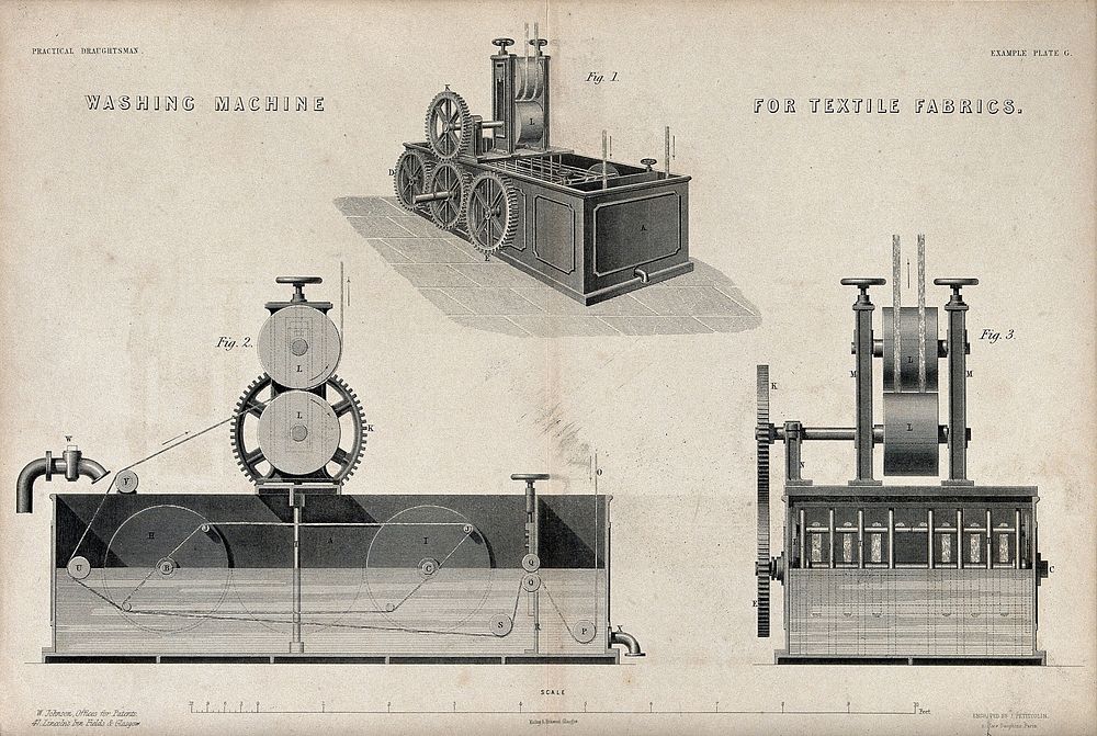 Textiles: a industrial washing machine for fabrics. Engraving by J. Petitcolin after J.E. Armengaud.