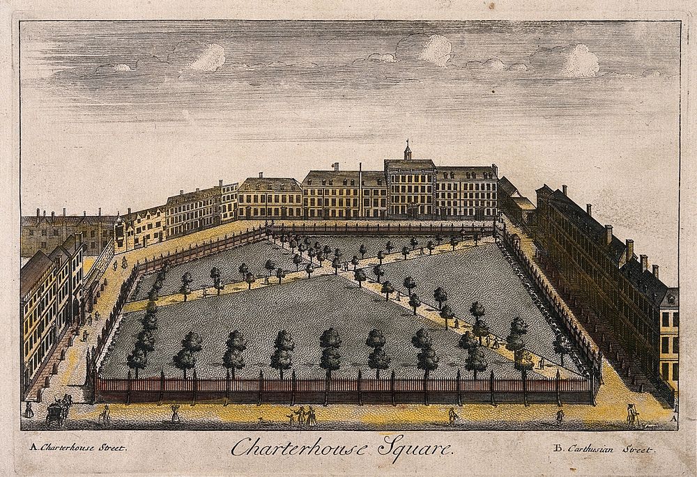 Charterhouse Square, London: a bird's-eye view. Coloured engraving, 1720.