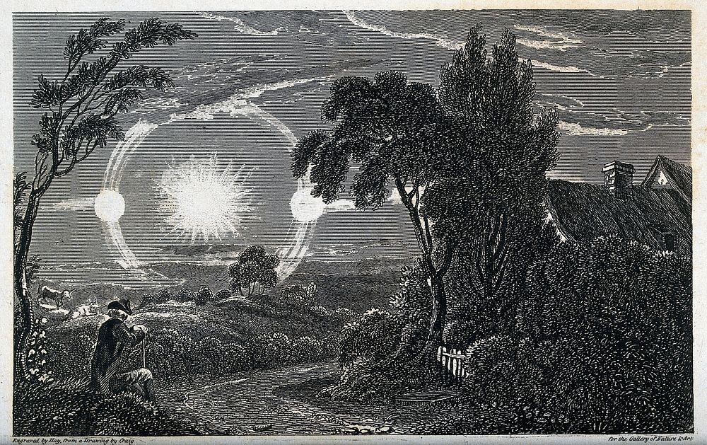 Astronomy: an atmospheric condition producing sun dogs, giving the effect of two suns. Engraving by F.R. Hay, 1820, after…