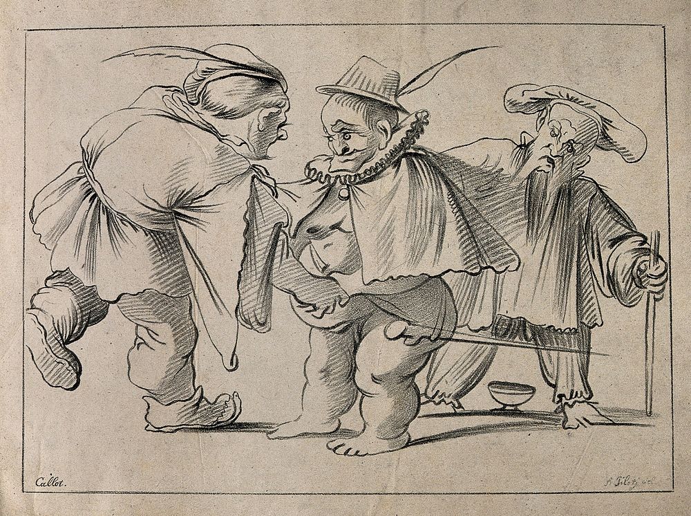 Three male dwarfs. Lithograph by F. Piloty after J. Callot.