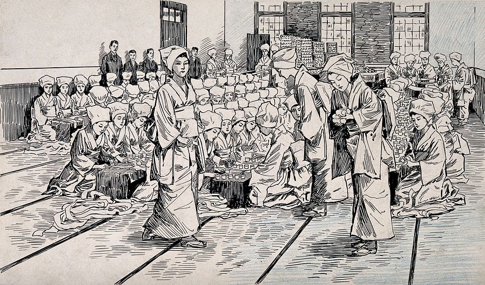 Russo-Japanese War: rows of women in a large warehouse making bandages for the wounded Japanese. Pen and ink drawing, 1904.