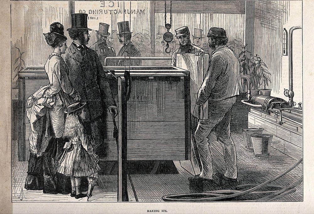 A man, woman and child are watching as two men unload a block of ice from a wooden crate. Wood engraving.