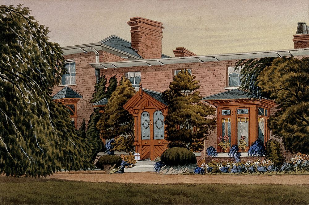 A Victorian villa seen from the front. Watercolour by W.H. Gibbs.