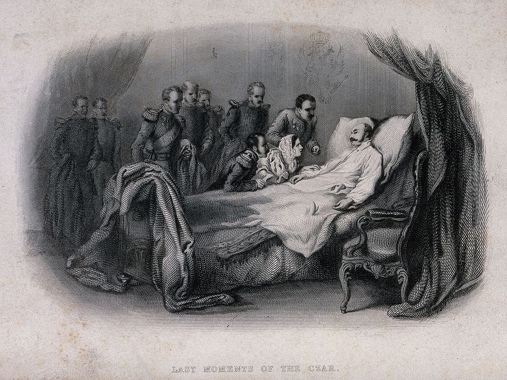 Spectators gather around the bed of the dying Czar. Engraving.