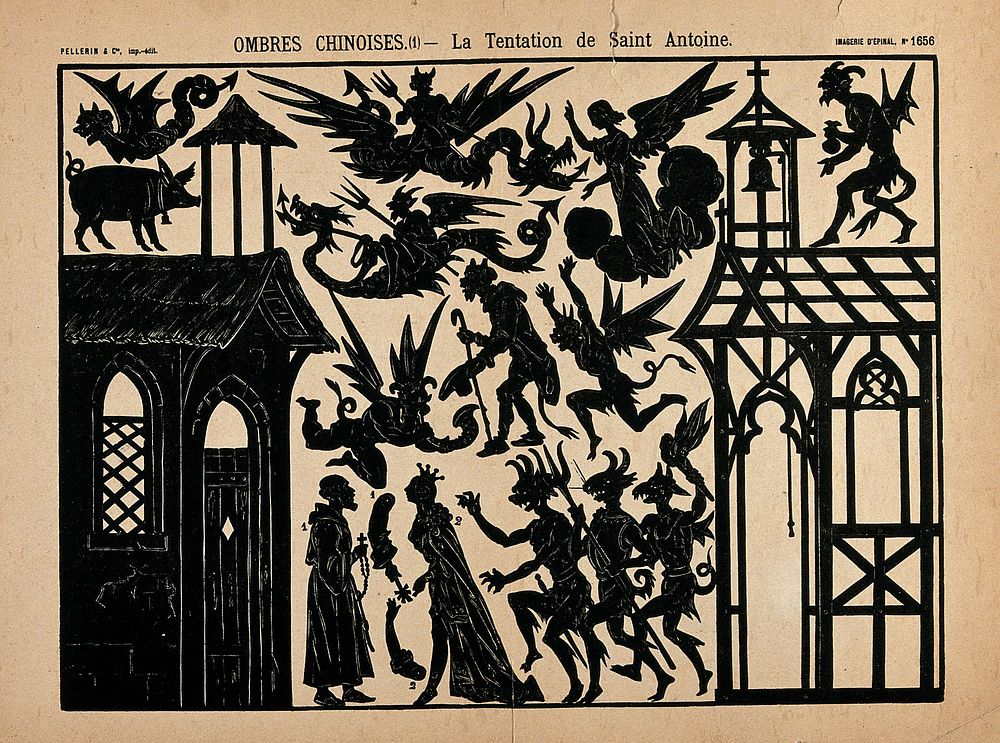 The temptation of Saint Antony. Lithograph silhouettes.