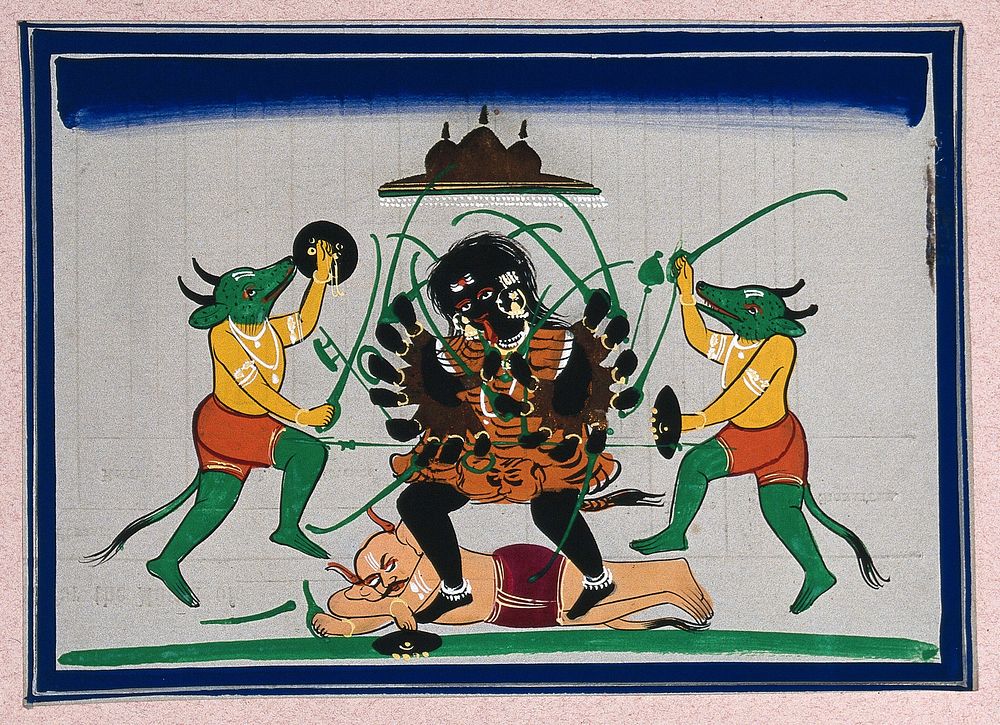 Kali Ma, a ferocious form of Durga Devi fighting the demons. Gouache painting by an Indian artist.