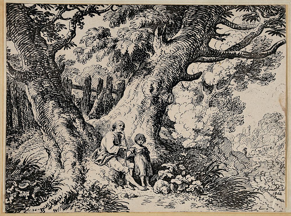 An old man and a child are seated under a tree; dog sleeping on the ground. Lithograph by R. Corbould, 1802.