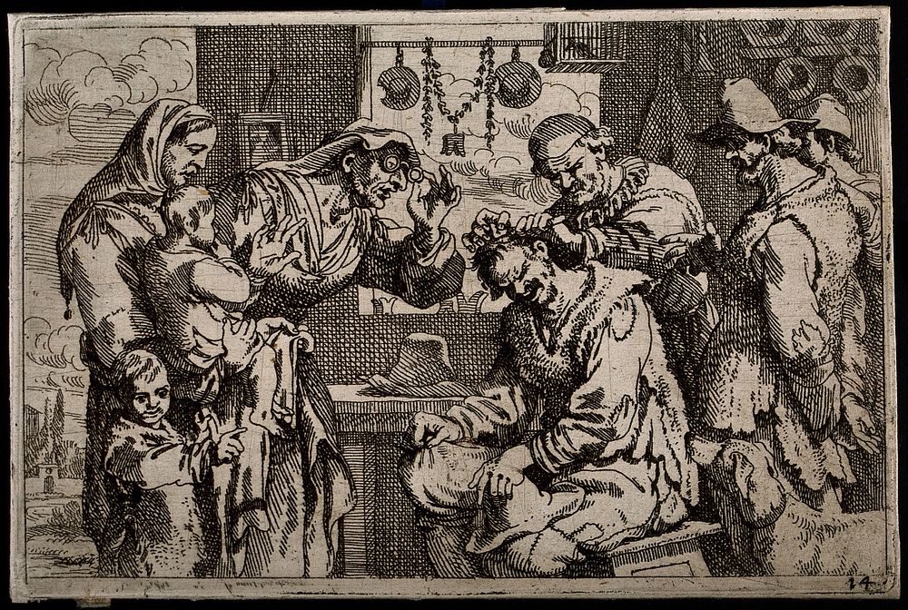 A barber-surgeon attending to a man's head: a group of locals watch with interest. Etching by J.B. de Wael II.