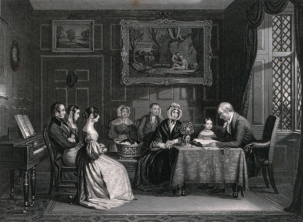 A family group in their drawing room at evening prayer with the father reading from a large volume. Engraving by W. Holl…