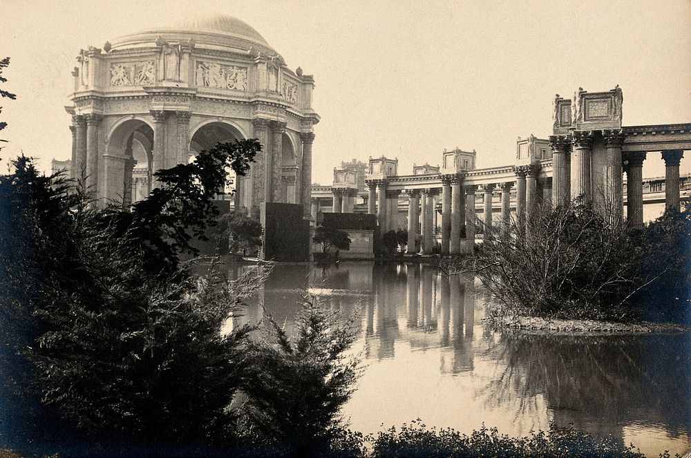 A World Fair exhibition site, United States of America: a classical style building by a lake. Photograph, ca. 1900.