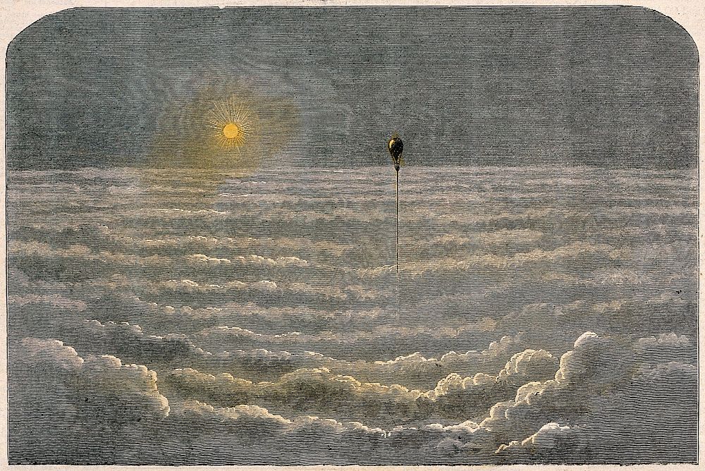 A hydrogen balloon flying high above the clouds with the sun shining on it. Coloured wood engraving.