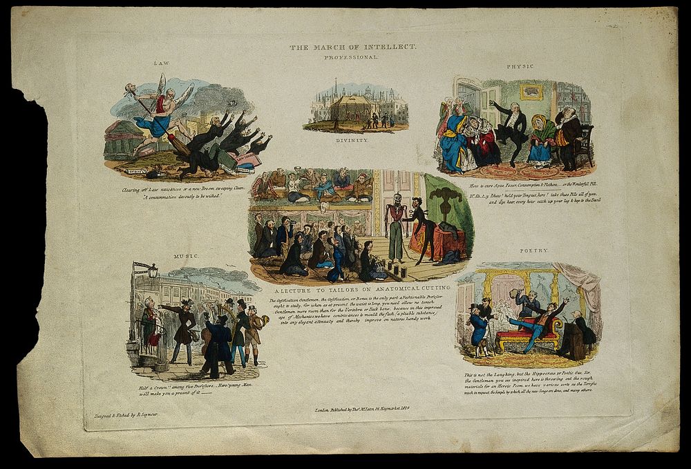 Six examples of "the march of intellect". Coloured etching by R. Seymour, 1829.