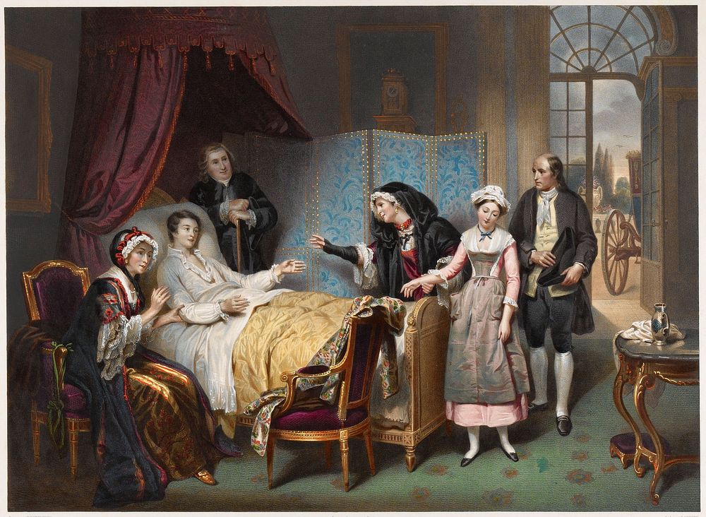 A young woman is brought to visit a sick young man in the hope that her love will cure him; relatives and attendants are…