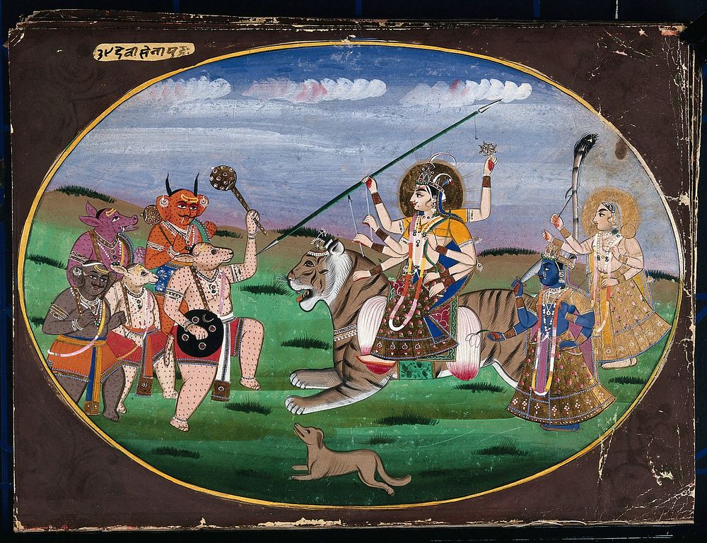 Devi Durga seated on a tiger, along with two other goddesses, prepares to battle the five demons. Gouache painting by an…