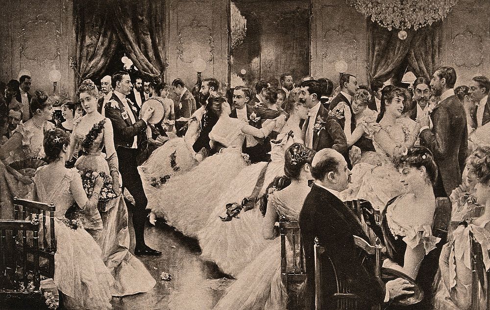 A man is playing a tambourine as couples are dancing in a ballroom. Process print after J.L. Stewart.
