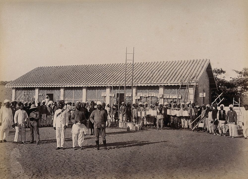 A group of plague staff preparing to do some white washing, Karachi, India. Photograph, 1897.