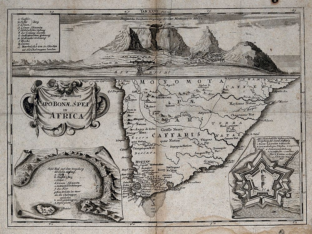 Elevation of the Cape of Good Hope and and map of South Africa. Engraving.