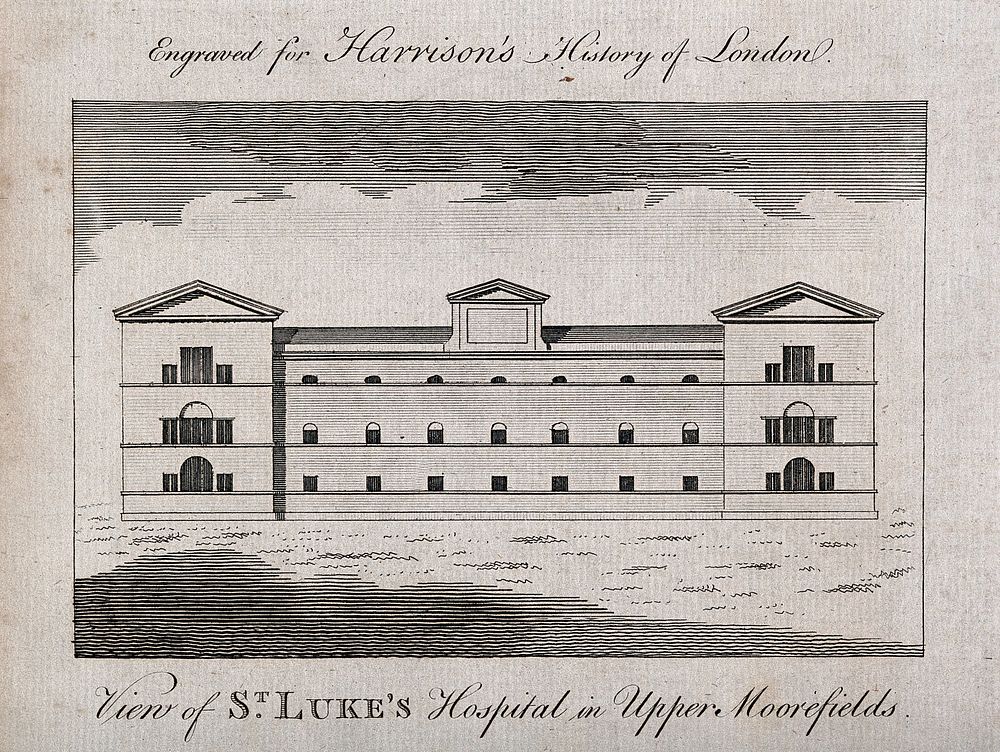 St. Luke's Hospital, Moorfields, London. Engraving.