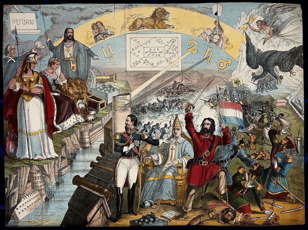Astronomy: various apocalyptic scenes, including Napoleon III, a weeping Queen Victoria, an assassination [], and a battle…