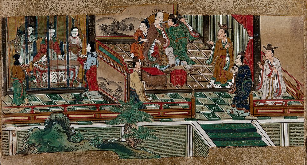 A noble is assassinated by a carrier of gifts. Painting by a Chinese artist, ca. 1850.