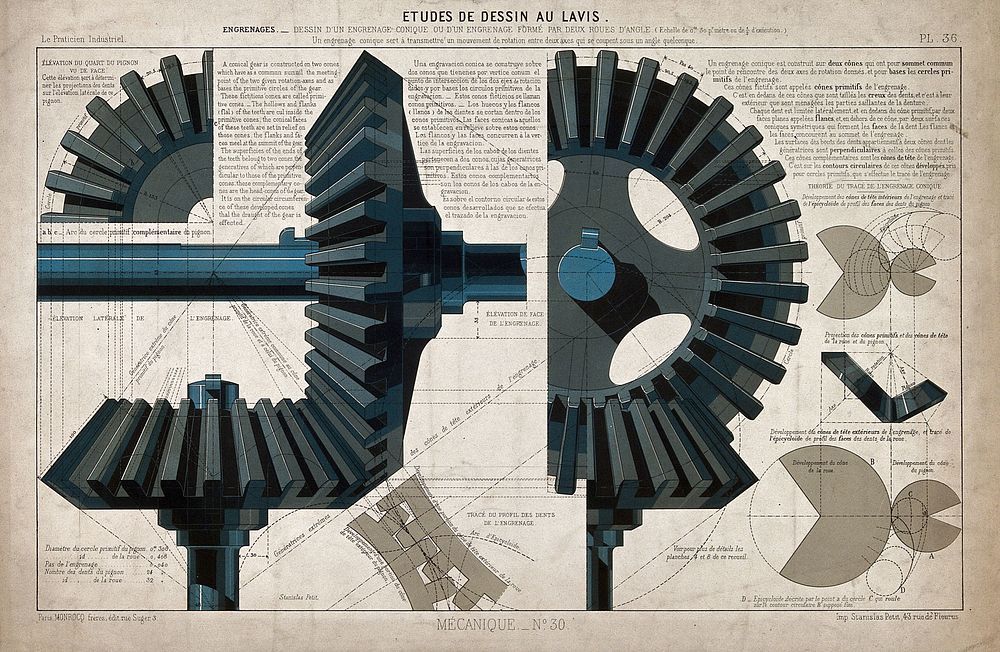 Engineering: large cogs meshing together, and diagrams of epicycloid curves. Coloured lithograph, 1905, by Stanislas Petit.