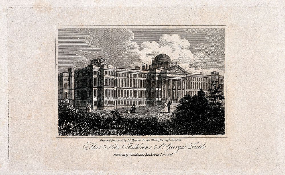 The Hospital of Bethlem [Bedlam], St. George's Fields, Lambeth. Engraving by J. C. Varrell after himself, 1816.