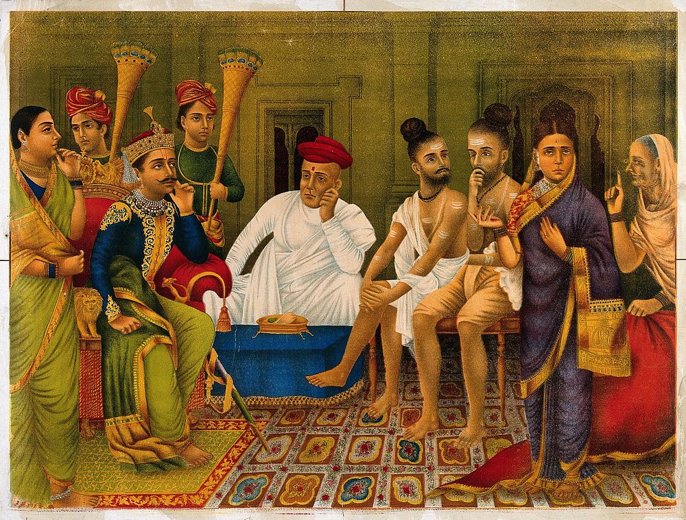 Dasaratha being asked in court to banish Rama by Kaikeyi and her humpbacked female slave Manthara. Chromolithograph.