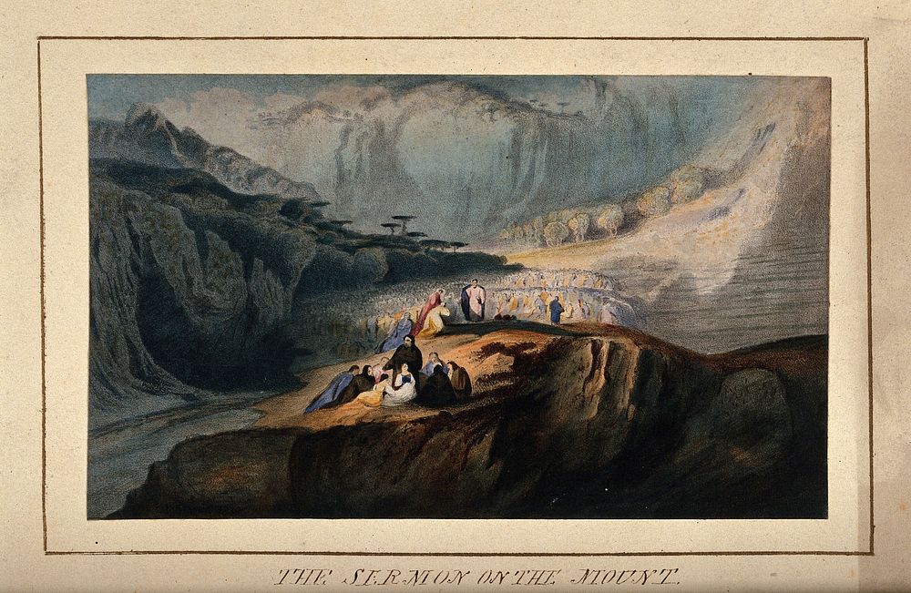 The sermon on the Mount. Coloured chromolithograph after John Martin, 1832.
