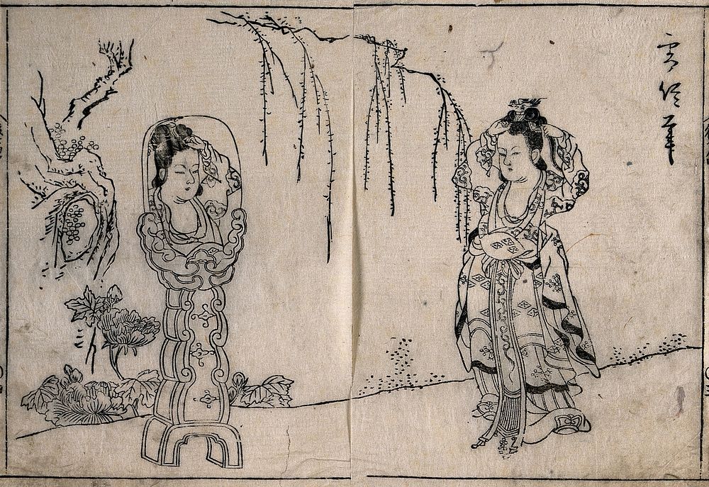 A Chinese woman in a garden dressing her hair in a mirror on an elaborate stand. Woodcut attributed to Morikuni.