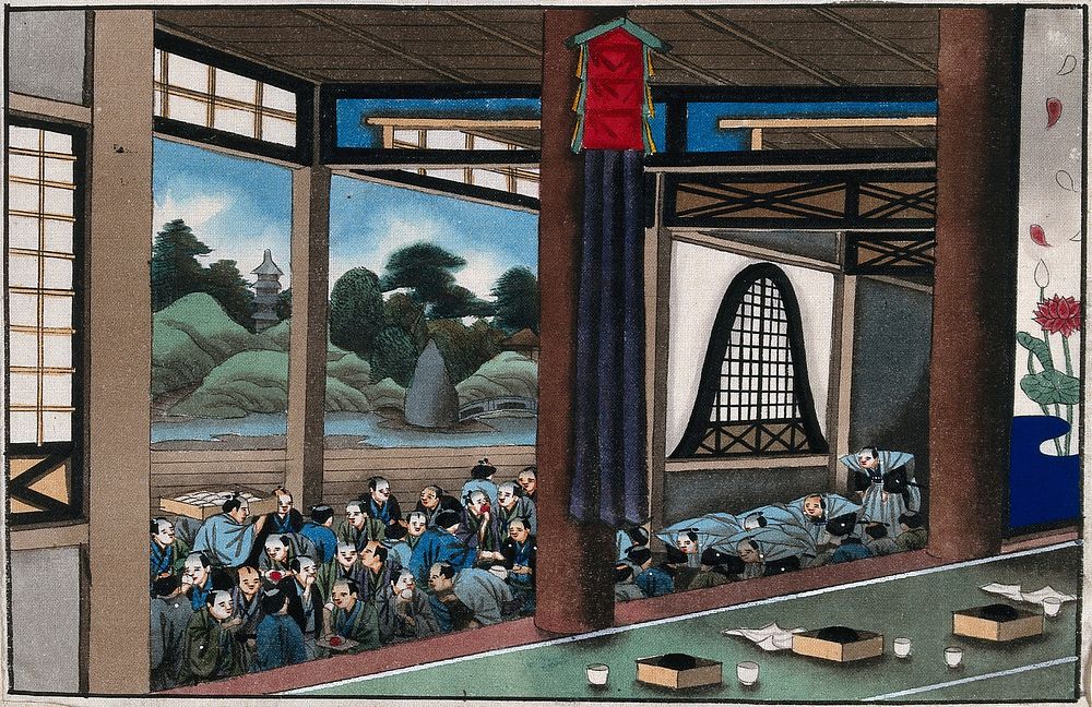 Japanese funeral customs: seated on the verandah of a temple, mourners at a funeral eat a meal. Watercolour, ca. 1880 .
