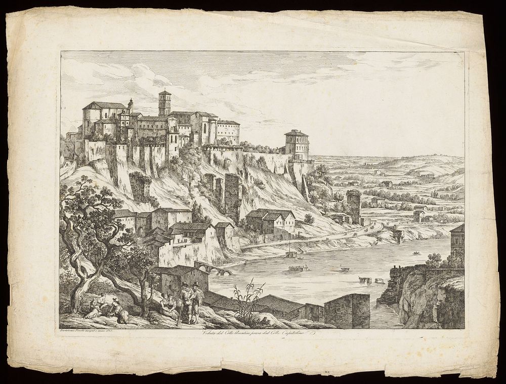 The Aventine hill, Rome, seen from the Capitol. Etching by B. Pinelli, 1825.