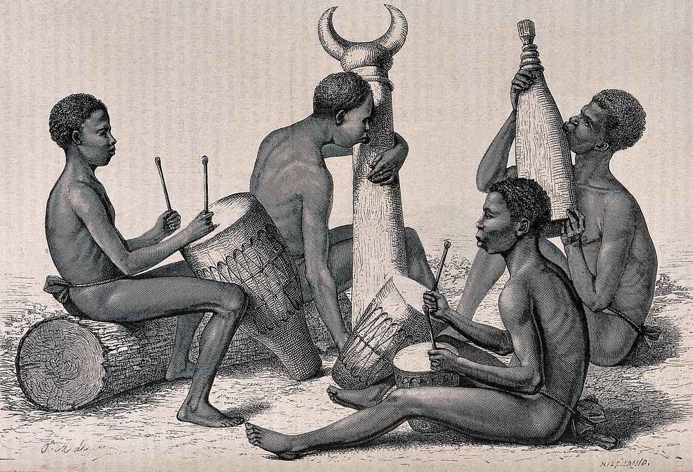 Four Sudanese musicians playing drums and wind instruments. Wood engraving by H.T. Hildibrand after O. Mathieu after G.…