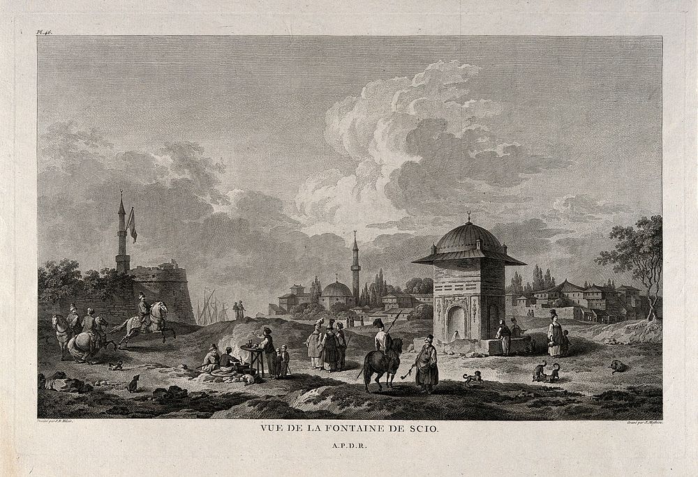 Island of Scio/Khio/Chios, Turkey: people gathering around the fountain. Etching by J. Mathieu after J.B. Hilair.