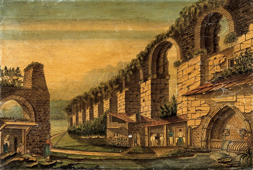 The Salonica aqueduct. Watercolour painting by Brigges.