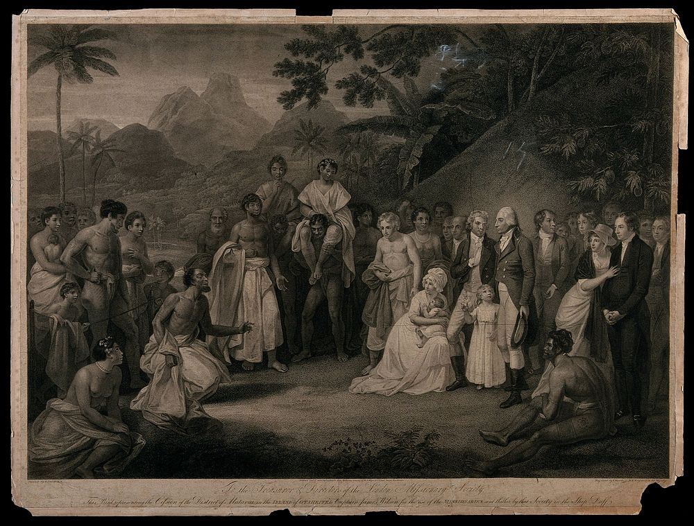 Tahitians kneeling before Captain James Wilson after the cession of the district of Matavai in Tahiti. Stipple engraving…