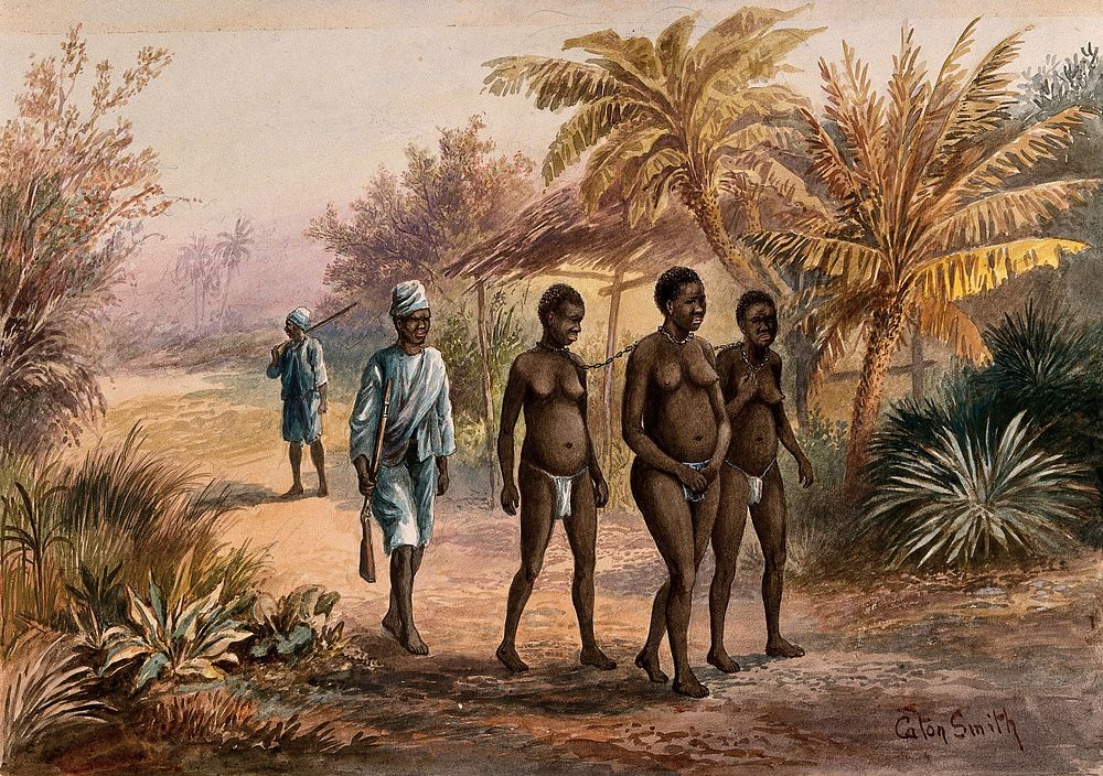 Three young enslaved women in Africa, chained together at the neck, escorted along a road by two slave traders with guns.…