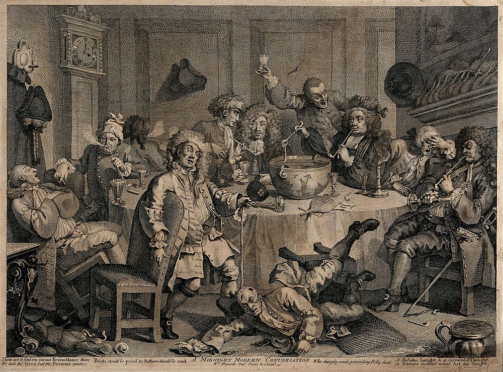 A drunken party with men smoking, sleeping and falling to the floor. Engraving by W. Hogarth.